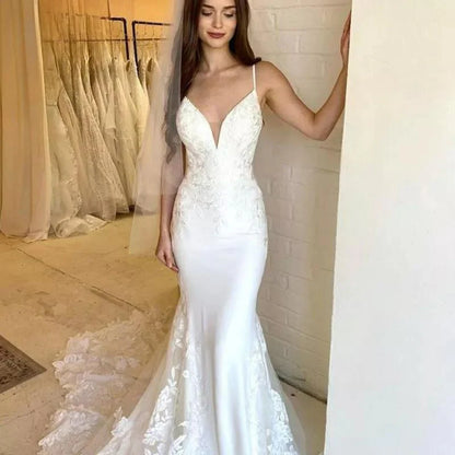 Boho Brautkleider Spitzen Spaghetti -Gurt Apliques Meerjungfrau Hochzeitskleid weiße Elfenbein Braut Kleid Suknia Slubna