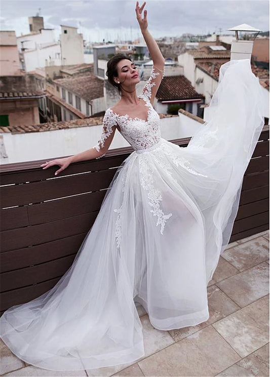 Marvelous Jewel Neckline 2 In 1 Wedding Dresses With Detachable Skirt Lace Appliques 3/4 Sleeves Two Pieces Bridal Gowns 2021