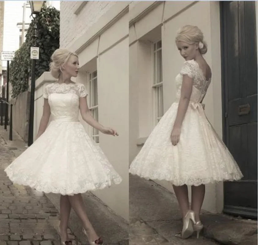 Krótkie koronkowe sukienki ślubne herbatę długość krótkiego rękawów ogród ślubna suknia ślubna V Vestidos de novia Custom Made