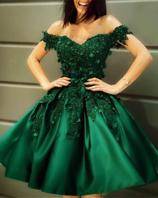 Vestido de fiesta verde con apliques de encaje, vestido de baile corto floral, satén con hombros descubiertos, escote en forma de corazón, vestido de fiesta de noche, vestido de fiesta