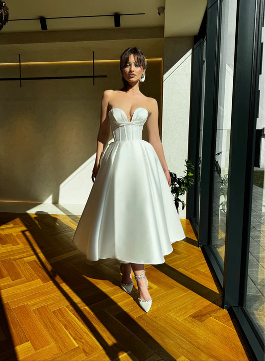 A-Line Midi Wedding Party Dresses Sweetheart Sleevless Stain Brides Gowns Tea-Length Simple Bridas Evening Dress for Women