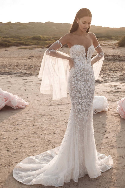 Robes de mariée sirène princesse chérie, manches longues évasées détachables, avec des Appliques, robe de mariée trompette plongeante