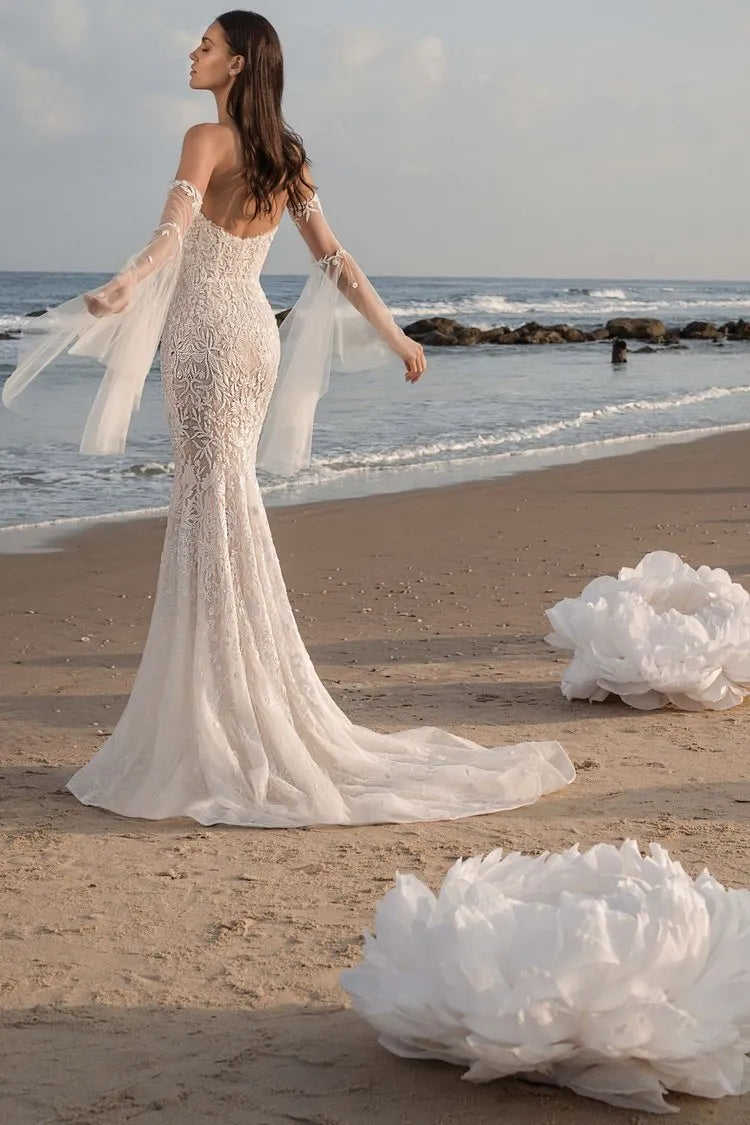 Sweetheart Princess Mermaid Wedding Dresses Detachable Flare Long Sleeves Appliques Bride Dresses Plunging Trumpet Wedding Gown WHITE 26W