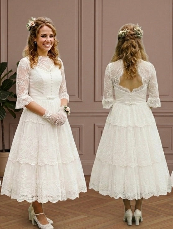 Ivory White Wedding Dress Lace Victorian Short Traditional Gown