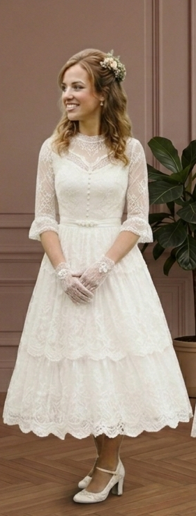 Ivory White Wedding Dress Lace Victorian Short Traditional Gown