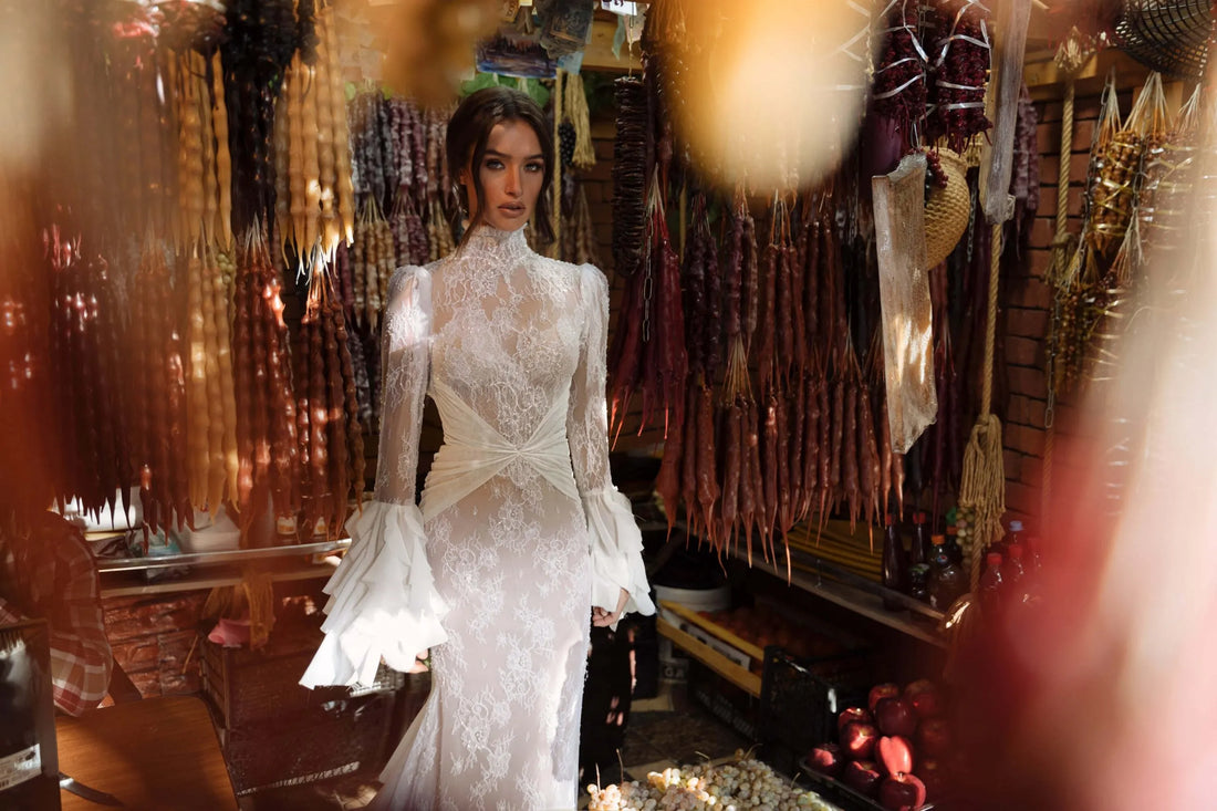 High Neck Lace Mermaid Wedding Dresses Long Sleeves Chiffon Ruffles Illusion Trumpet Bride Dresses Backless Bridal Gowns Ivory 26W