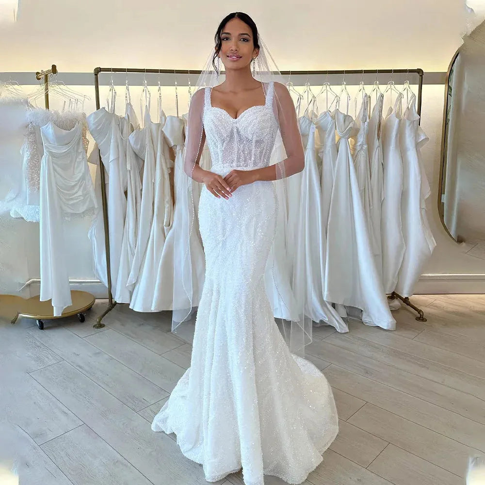 Elegant Mermaid Wedding Dresses Sweetheart Sequins Backless Bride Dresses for Women Lace Up Bridals Gowns robe de mariée Ivory