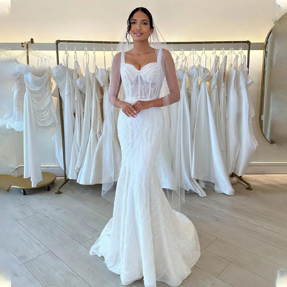 Gaun pengantin putri duyung yang elegan sayang payet backless bride gaun untuk wanita renda gaun pengantin jubah de mariée