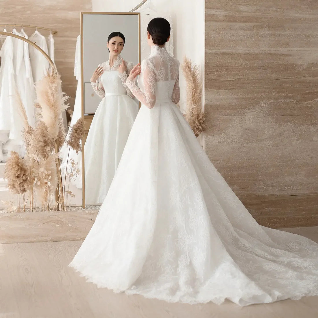 Elegant Princess Wedding Dresses Women A-Line Long Sleeve Lace Wedding Gown Boho Bridal Ball Prom Dress Customized