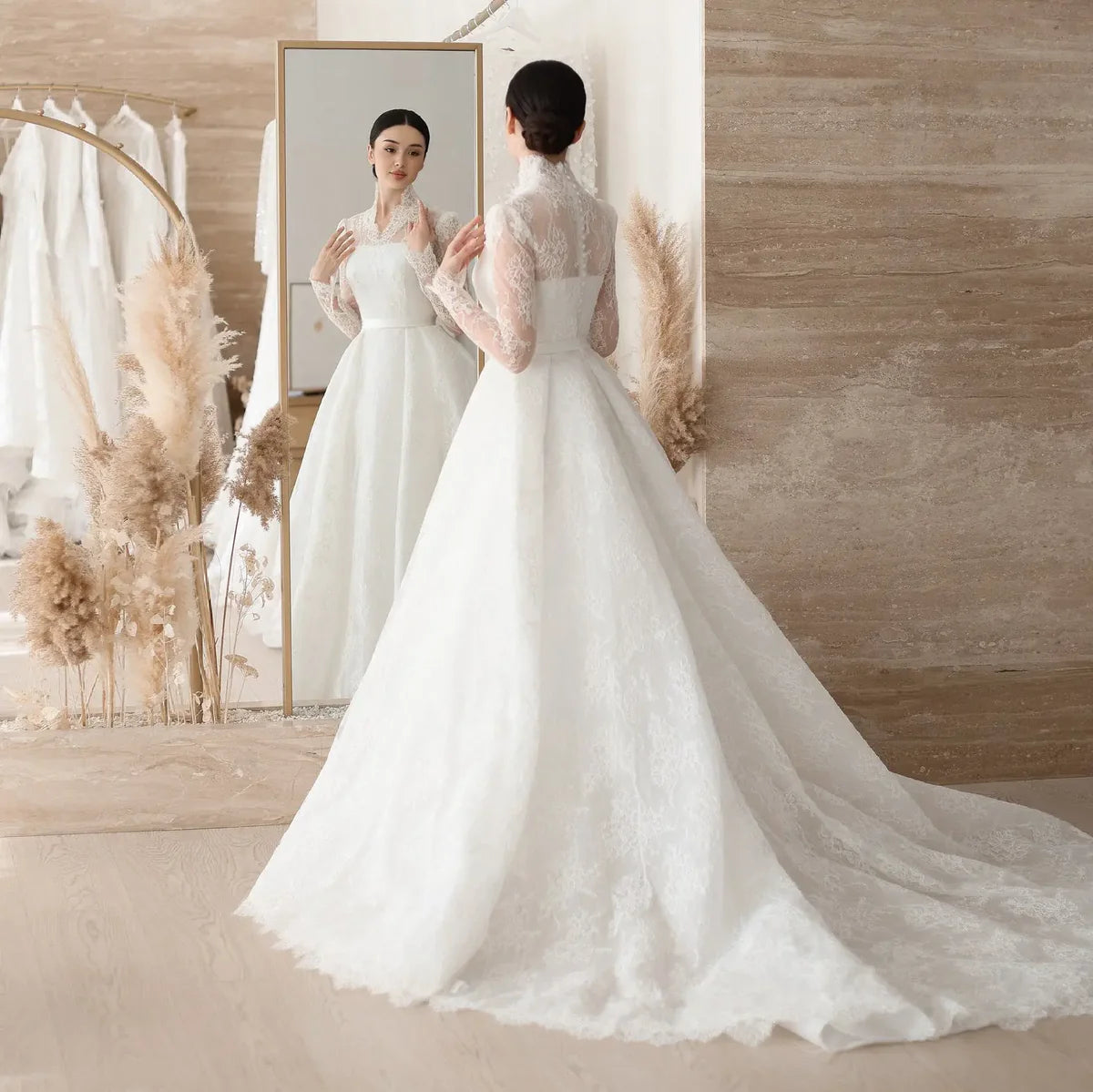 Elegant Princess Wedding Dresses Women A-Line Long Sleeve Lace Wedding Gown Boho Bridal Ball Prom Dress Customized