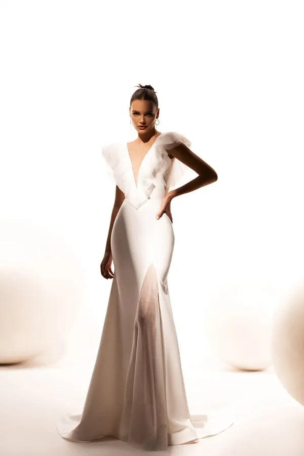 Elegant Mermaid Wedding Dress Showcasing Puffy Sleeves, a Graceful V-Neckline, and Refined Button Embellishments Satin