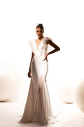 Elegant Mermaid Wedding Dress Showcasing Puffy Sleeves, a Graceful V-Neckline, and Refined Button Embellishments Satin