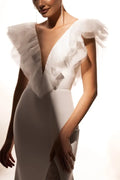Elegant Mermaid Wedding Dress Showcasing Puffy Sleeves, a Graceful V-Neckline, and Refined Button Embellishments Satin
