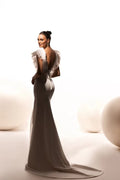 Elegant Mermaid Wedding Dress Showcasing Puffy Sleeves, a Graceful V-Neckline, and Refined Button Embellishments Satin