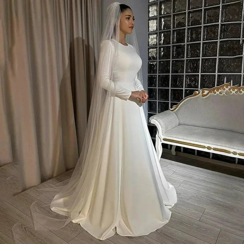 Muslim Wedding Dress | Ivory Satin Wedding Dresses for Bride Long Sleeve O Neck A Line Dubai Muslim Bride Dress with Train Simple Civil Wedding Gowns 14w