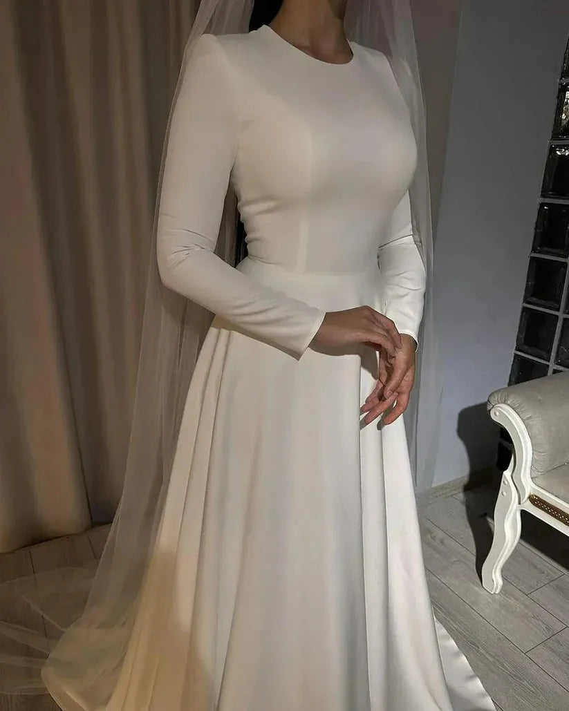 Muslim Wedding Dress | Ivory Satin Wedding Dresses for Bride Long Sleeve O Neck A Line Dubai Muslim Bride Dress with Train Simple Civil Wedding Gowns 14w