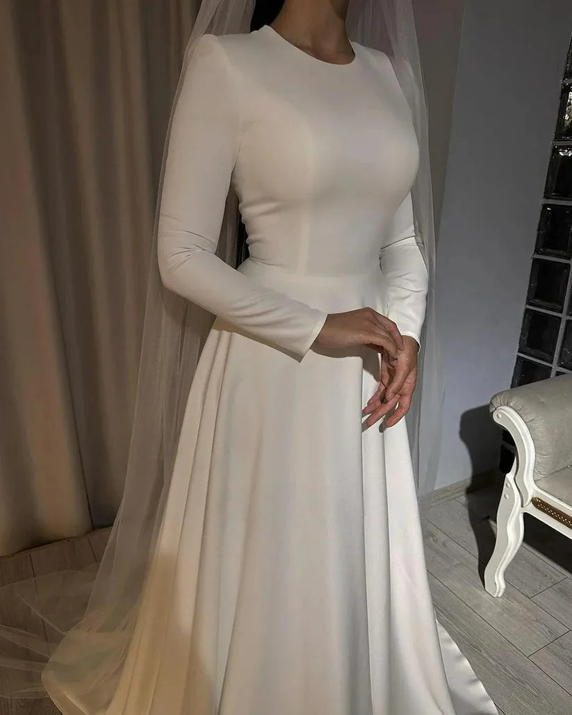 Vestidos de novia de satén marfil para novia, manga larga, cuello redondo, línea A, vestido de novia musulmán de Dubái con tren, vestidos de boda civiles simples 