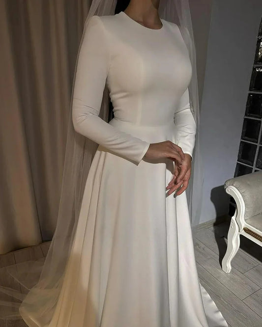 Ivory Satin Wedding Dresses for Bride Long Sleeve O Neck A Line Dubai Muslim Bride Dress with Train Simple Civil Wedding Gowns