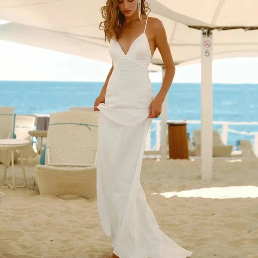 Vestido de novia sencillo de sirena sin mangas con cuello en V profundo para mujer espalda abierta vestido de novia largo hasta el suelo Sexy hecho a medida