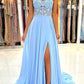 Blue Evening Dress A-Line Chiffon Long Prom Dress Lace Appliques Sweetheart Illusion See-Through Formal Party Gowns