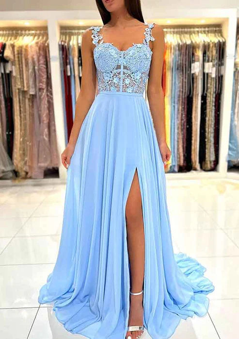 Blue Evening Dress A-Line Chiffon Long Prom Dress Lace Appliques Sweetheart Illusion See-Through Formal Party Gowns