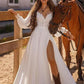 RODDRSY Civil Chiffon Long Puff Sleeves Wedding Dresses A-Line Lace Up Boho Bridal Gown O-Neck Side Split A-Line Hochzeitskleid