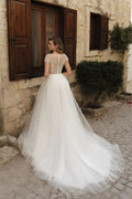 Tulle Wedding Dresses Cap Sleeves Lace Sequin Vestidos De Novia Elegant Tulle Bridal Gown Long Customized Party Guest Dress Satin