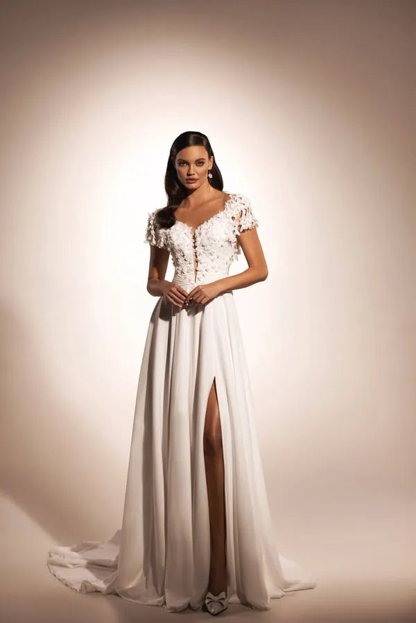 Exquisite A-Line Matrimonial Gown with Deep Neckline, Short Sleeves, Elegant Wedding Dress Satin