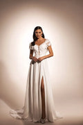 Exquisite A-Line Matrimonial Gown with Deep Neckline, Short Sleeves, Elegant Wedding Dress Satin
