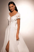 Exquisite A-Line Matrimonial Gown with Deep Neckline, Short Sleeves, Elegant Wedding Dress Satin