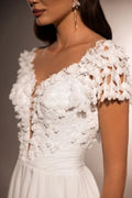 Exquisite A-Line Matrimonial Gown with Deep Neckline, Short Sleeves, Elegant Wedding Dress Satin