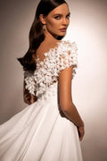 Exquisite A-Line Matrimonial Gown with Deep Neckline, Short Sleeves, Elegant Wedding Dress Satin