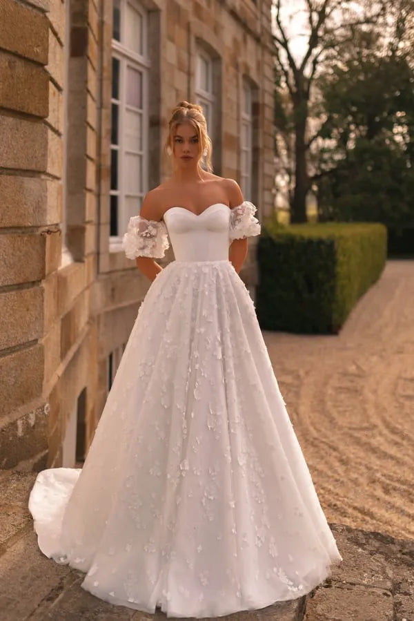 Luxury Wedding Dresses A Line Women's Sexy Flowers Sleeveless Off Shoulder Elegant Soft Bride Gown Formal Vestidos De Novia Satin