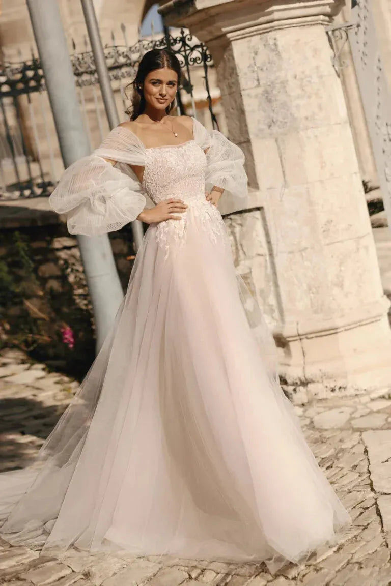 A-Line Bridal Dress with Puff Sleeves, Off-Shoulder Neckline, and Natural Waistline Satin