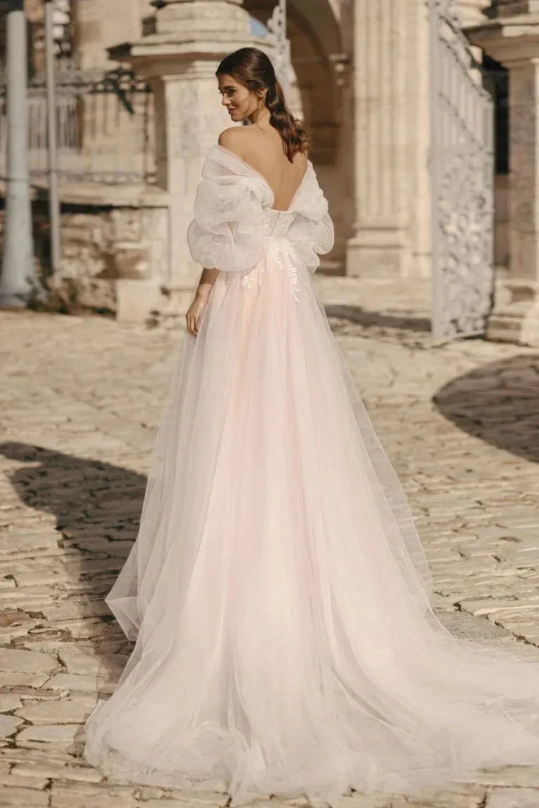 A-Line Bridal Dress with Puff Sleeves, Off-Shoulder Neckline, and Natural Waistline Satin