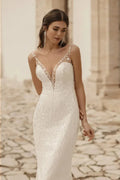 Sexy Deep V-neck Sleeveless Wedding Dress Sparkly Sequins Bride Robe Graceful Straight Long Bridal Gown Robe De Mariée Satin