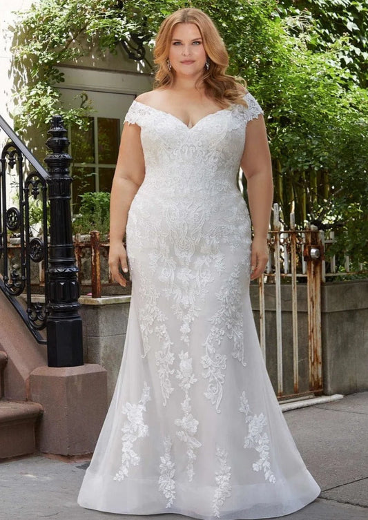 Plus Größe elegantes Hochzeitskleid V-Ausschnitt von Schulterspitzen Applikationen Button Brautkleid bodenlange Vestido de Novia