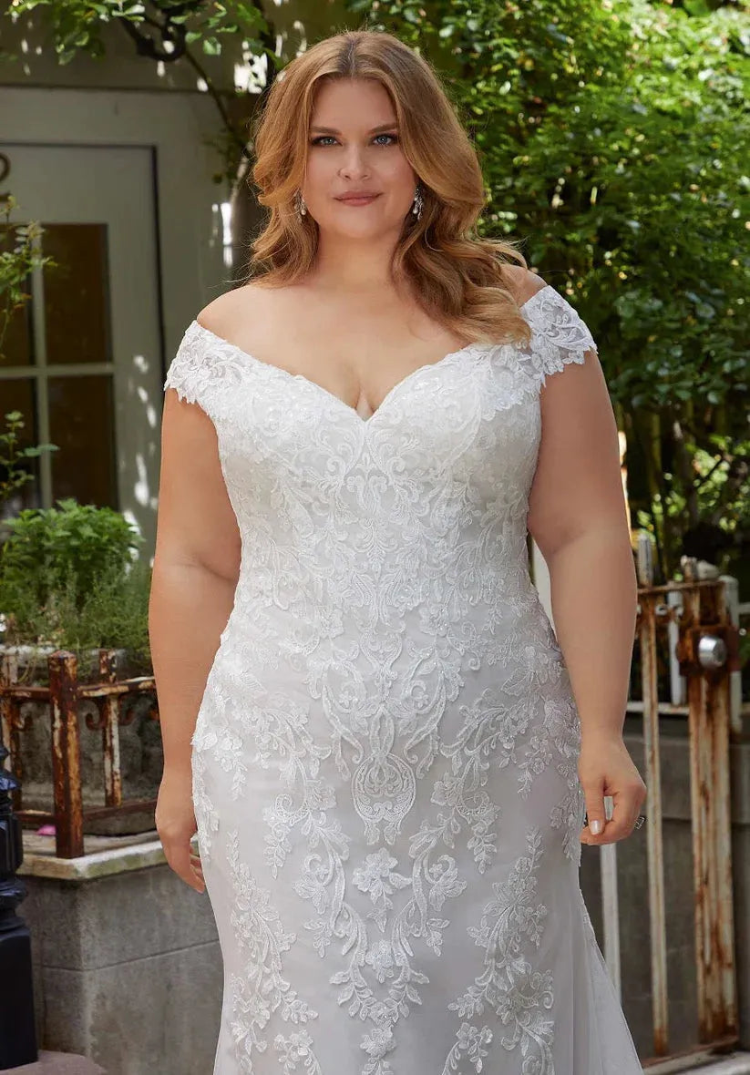 Plus Size Elegant Wedding Dress V-Neck Off Shoulder Lace Appliques Button Bridal Gown Floor Length Vestido De Novia 50cm Plus Size