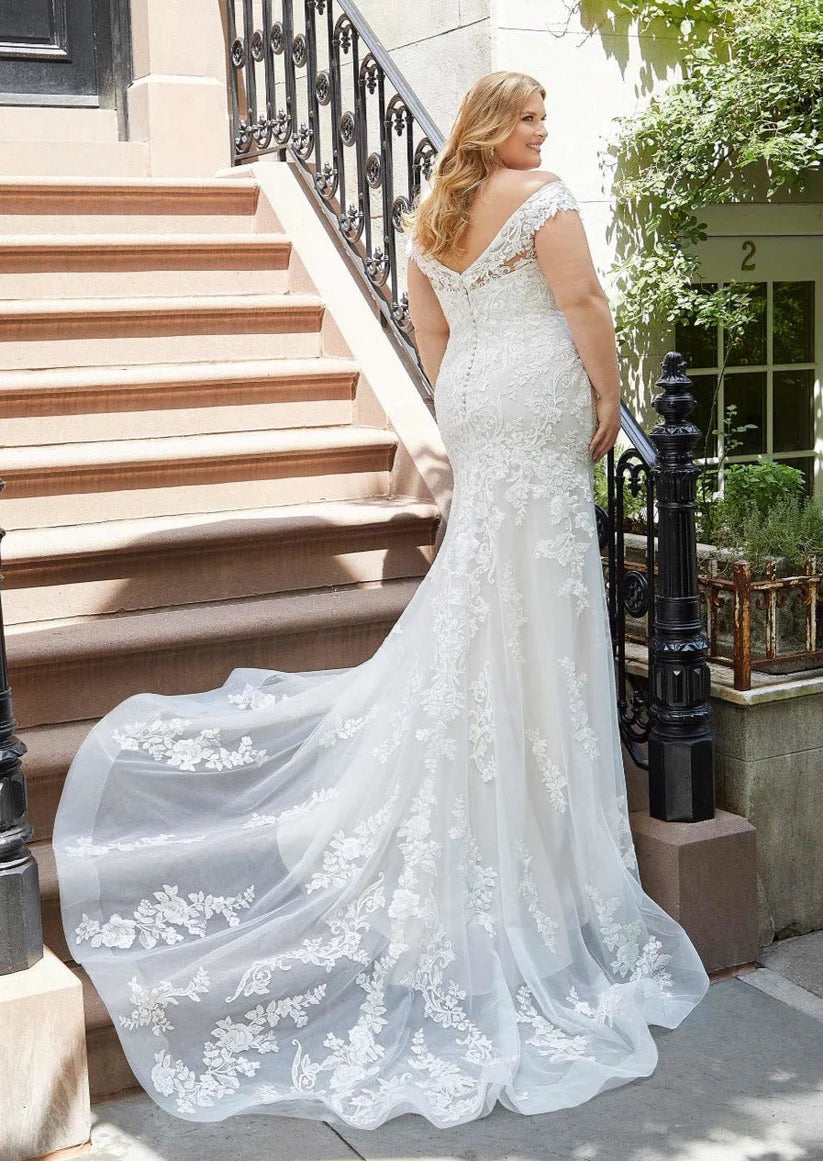 فستان زفاف أنيق مقاس كبير على شكل حرف v بدون أكتاف مزين بالدانتيل وزر فستان زفاف طول الأرض فيستدو دي نوفيا