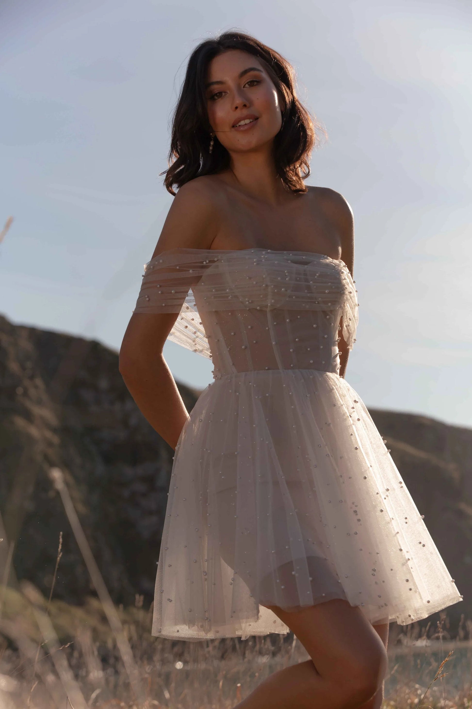 Pearls Tulle Off The Shoulder Short Wedding Dresses Boat Neck