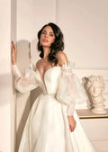 V-Neck Puff Sleeve Tulle Illusion Backless Bridal Gowns Sweep Train Vestidos De Novia Satin