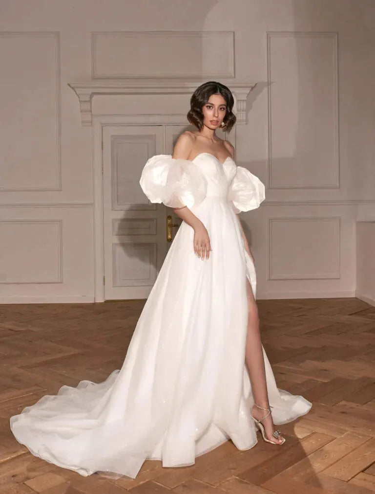 Simple Shiny Wedding Party Dresses Sweetheart Pleat A-Line Bridals Skirt High Side Slit Brides Dresses for Women vestidos Satin