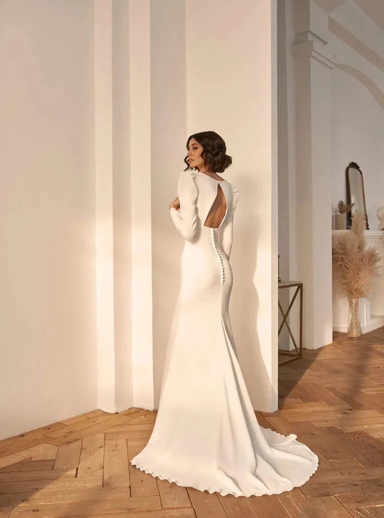 V-Neck Wedding Dresses Long Sleeve Sheath Bride Gown Sweep Train Pleats Satin Vestido De Novia Satin