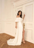 Timeless A-Line Bridal Dress with Dropped Sleeves, Open Neckline, Button Accents, and Natural Waistline Satin