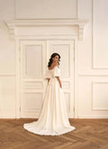 Timeless A-Line Bridal Dress with Dropped Sleeves, Open Neckline, Button Accents, and Natural Waistline Satin
