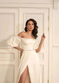 Timeless A-Line Bridal Dress with Dropped Sleeves, Open Neckline, Button Accents, and Natural Waistline Satin