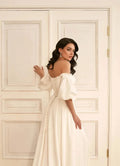 Timeless A-Line Bridal Dress with Dropped Sleeves, Open Neckline, Button Accents, and Natural Waistline Satin