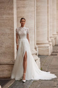 Elegant A-Line Wedding Dress with Illusion Sleeves, High Neckline, and Exquisite Embellishments Satin