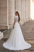 Elegant A-Line Wedding Dress with Illusion Sleeves, High Neckline, and Exquisite Embellishments Satin