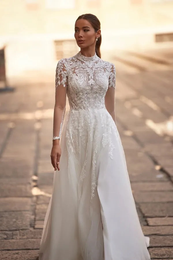Elegant A-Line Wedding Dress with Illusion Sleeves, High Neckline, and Exquisite Embellishments Satin